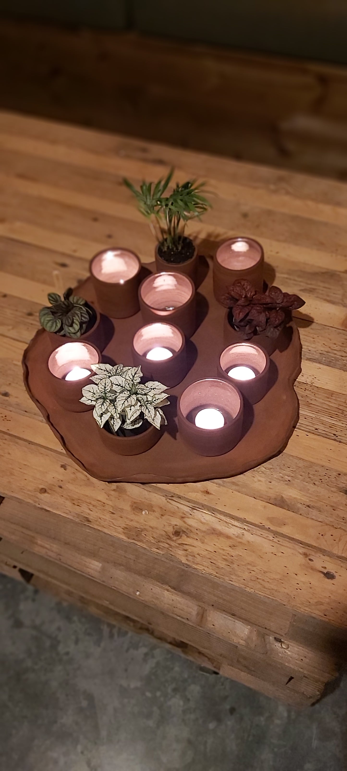 Decoratie schaal + theelichthouders/plantpotjes/tasjes